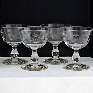 Libbey Vienna Champagne Coupes 4" set/4 etched leaves sherbet glasses vtg 1990s